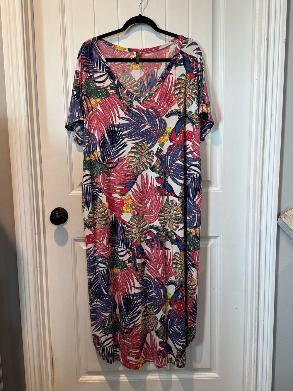 Tropical Leaf V-Neck Swim Coverup with pockets  - Pink Multi